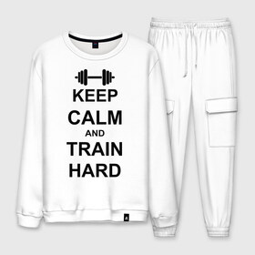 Мужской костюм хлопок с принтом Keep calm and train hard в городе Новоалтайск, 100% хлопок | на свитшоте круглая горловина, мягкая резинка по низу. Брюки заужены к низу, на них два вида карманов: два “обычных” по бокам и два объемных, с клапанами, расположенные ниже линии бедра. Брюки с мягкой трикотажной резинкой на поясе и по низу штанин. В поясе для дополнительного комфорта — широкие завязки | keep calm | keep calm and train hard | train hard | гантель
