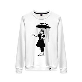 Женский свитшот хлопок с принтом Girl in rain (Banksy) в городе Новоалтайск, 100% хлопок | прямой крой, круглый вырез, на манжетах и по низу широкая трикотажная резинка  | бэнкси | граффити | девочка | дождь | зонт