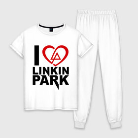 Женская пижама хлопок с принтом I love linkin park (Я люблю Linkin Park) в городе Новоалтайск, 100% хлопок | брюки и футболка прямого кроя, без карманов, на брюках мягкая резинка на поясе и по низу штанин | rock | линкин парк | музыкальная группа | рок группа | рок музыка