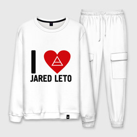 Мужской костюм хлопок с принтом I love Jared Leto в городе Новоалтайск, 100% хлопок | на свитшоте круглая горловина, мягкая резинка по низу. Брюки заужены к низу, на них два вида карманов: два “обычных” по бокам и два объемных, с клапанами, расположенные ниже линии бедра. Брюки с мягкой трикотажной резинкой на поясе и по низу штанин. В поясе для дополнительного комфорта — широкие завязки | 30 seconds to mars | 30 stm | punk | rock | музыка | панк рок | я люблю джареда лето