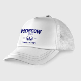 Детская кепка тракер с принтом MGU Moscow University в городе Новоалтайск, Козырек - 100% хлопок. Кепка - 100% полиэстер, Задняя часть - сетка | универсальный размер, пластиковая застёжка | Тематика изображения на принте: вуз | институт | мгу | студенческие | университет
