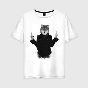 Женская футболка хлопок Oversize с принтом Fuck wolf в городе Новоалтайск, 100% хлопок | свободный крой, круглый ворот, спущенный рукав, длина до линии бедер
 | Тематика изображения на принте: human body animal head | волк в пальто | волк с телом человека | волк человек | голова животного | тело человека | человек с головой волка