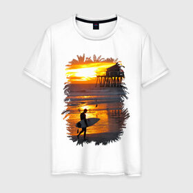 Мужская футболка хлопок с принтом Summer surfing в городе Новоалтайск, 100% хлопок | прямой крой, круглый вырез горловины, длина до линии бедер, слегка спущенное плечо. | летние | лето | море | на лето | океан | пляж | серфинг