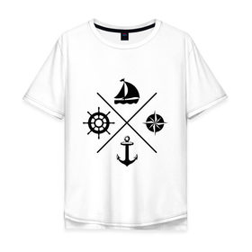 Мужская футболка хлопок Oversize с принтом Sailor theme в городе Новоалтайск, 100% хлопок | свободный крой, круглый ворот, “спинка” длиннее передней части | sailor theme | азимут | компас | кораблик | корабль | лодка | путешествие | штурвал | якорь