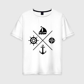 Женская футболка хлопок Oversize с принтом Sailor theme в городе Новоалтайск, 100% хлопок | свободный крой, круглый ворот, спущенный рукав, длина до линии бедер
 | sailor theme | азимут | компас | кораблик | корабль | лодка | путешествие | штурвал | якорь