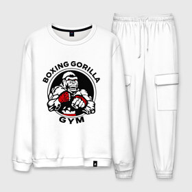 Мужской костюм хлопок с принтом Boxing gorilla gym в городе Новоалтайск, 100% хлопок | на свитшоте круглая горловина, мягкая резинка по низу. Брюки заужены к низу, на них два вида карманов: два “обычных” по бокам и два объемных, с клапанами, расположенные ниже линии бедра. Брюки с мягкой трикотажной резинкой на поясе и по низу штанин. В поясе для дополнительного комфорта — широкие завязки | боец | бокс | боксер | горила | горилла | кулаки | обезьяна | спорт | спортсменам