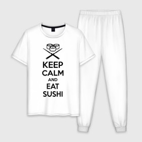 Мужская пижама хлопок с принтом Keep calm and eat sushi в городе Новоалтайск, 100% хлопок | брюки и футболка прямого кроя, без карманов, на брюках мягкая резинка на поясе и по низу штанин
 | keep calm and eat sushi | sushi | палочки | палочки для суши | роллы | ролы | суши
