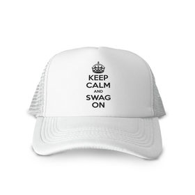 Кепка тракер с сеткой с принтом Keep calm and swag on в городе Новоалтайск, трикотажное полотно; задняя часть — сетка | длинный козырек, универсальный размер, пластиковая застежка | keep calm | keep calm and swag on | swag | английская корона | корона