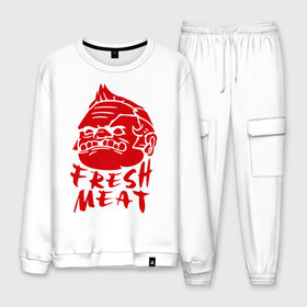 Мужской костюм хлопок с принтом Fresh meat (Свежее мясо) в городе Новоалтайск, 100% хлопок | на свитшоте круглая горловина, мягкая резинка по низу. Брюки заужены к низу, на них два вида карманов: два “обычных” по бокам и два объемных, с клапанами, расположенные ниже линии бедра. Брюки с мягкой трикотажной резинкой на поясе и по низу штанин. В поясе для дополнительного комфорта — широкие завязки | Тематика изображения на принте: dota | dota 2 | дота | дота 2 | игры