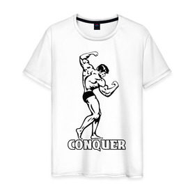 Мужская футболка хлопок с принтом Conquer (побеждать). в городе Новоалтайск, 100% хлопок | прямой крой, круглый вырез горловины, длина до линии бедер, слегка спущенное плечо. | Тематика изображения на принте: 