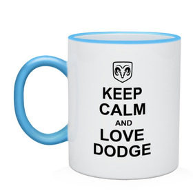 Кружка двухцветная с принтом keep calm and love dodge в городе Новоалтайск, керамика | объем — 330 мл, диаметр — 80 мм. Цветная ручка и кайма сверху, в некоторых цветах — вся внутренняя часть | авто | додж | сохраняй спокойствие и люби додж | тачки