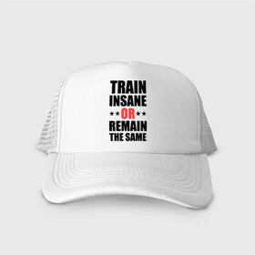 Кепка тракер с сеткой с принтом Train insane в городе Новоалтайск, трикотажное полотно; задняя часть — сетка | длинный козырек, универсальный размер, пластиковая застежка | train | train insane | безумный поезд | тренировка
