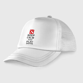 Детская кепка тракер с принтом Keep calm and play dota в городе Новоалтайск, Козырек - 100% хлопок. Кепка - 100% полиэстер, Задняя часть - сетка | универсальный размер, пластиковая застёжка | dota 2 | дота | дота 2 | игра | компьютерные игры | прикольные надписи