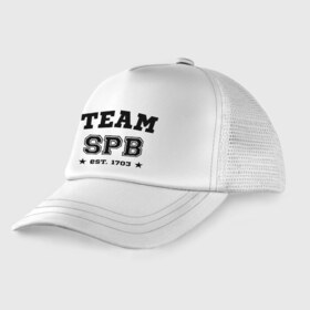 Детская кепка тракер с принтом Team Saint-Petersburg в городе Новоалтайск, Козырек - 100% хлопок. Кепка - 100% полиэстер, Задняя часть - сетка | универсальный размер, пластиковая застёжка | Тематика изображения на принте: team spb | город | города | города россии | питер | санкт петербург | спб