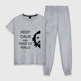 Женская пижама хлопок с принтом Keep calm and pass to Pirlo в городе Новоалтайск, 100% хлопок | брюки и футболка прямого кроя, без карманов, на брюках мягкая резинка на поясе и по низу штанин | мяч | пасуй | передача | пирло | спорт | спортивные | спортсмен | футбол | футболист