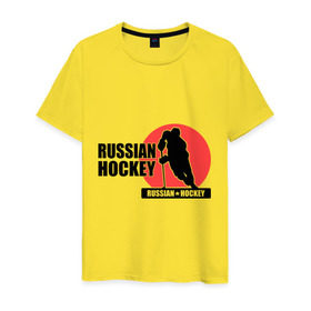 Мужская футболка хлопок с принтом Russian hockey (Русский хоккей). в городе Новоалтайск, 100% хлопок | прямой крой, круглый вырез горловины, длина до линии бедер, слегка спущенное плечо. | Тематика изображения на принте: hockey | russian hockey | русский хоккей | хоккеист | хоккей