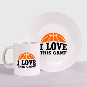 Набор: тарелка + кружка с принтом I love this game. в городе Новоалтайск, керамика | Кружка: объем — 330 мл, диаметр — 80 мм. Принт наносится на бока кружки, можно сделать два разных изображения. 
Тарелка: диаметр - 210 мм, диаметр для нанесения принта - 120 мм. | basketball | i love this game | баскетбол | спорт | я люблю эту игру