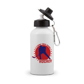 Бутылка спортивная с принтом I love this game. (Hockey) в городе Новоалтайск, металл | емкость — 500 мл, в комплекте две пластиковые крышки и карабин для крепления | люблю хоккей | хокей | хоккеист | хоккей | шайба