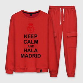 Мужской костюм хлопок с принтом keep calm and Hala Madrid в городе Новоалтайск, 100% хлопок | на свитшоте круглая горловина, мягкая резинка по низу. Брюки заужены к низу, на них два вида карманов: два “обычных” по бокам и два объемных, с клапанами, расположенные ниже линии бедра. Брюки с мягкой трикотажной резинкой на поясе и по низу штанин. В поясе для дополнительного комфорта — широкие завязки | keep calm and hala madrid | madrid | real madrid | мадрид | реал мадрид | футбол | футбольный клуб | я болею за мадрид