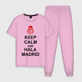 Мужская пижама хлопок с принтом keep calm and Hala Madrid в городе Новоалтайск, 100% хлопок | брюки и футболка прямого кроя, без карманов, на брюках мягкая резинка на поясе и по низу штанин
 | Тематика изображения на принте: keep calm and hala madrid | madrid | real madrid | мадрид | реал мадрид | футбол | футбольный клуб | я болею за мадрид