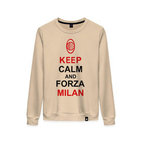 Женский свитшот хлопок с принтом keep calm and Forza Milan в городе Новоалтайск, 100% хлопок | прямой крой, круглый вырез, на манжетах и по низу широкая трикотажная резинка  | болельщикам | матч | милан | спорт | фк | футбол | футбольный клуб