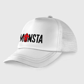 Детская кепка тракер с принтом Monsta в городе Новоалтайск, Козырек - 100% хлопок. Кепка - 100% полиэстер, Задняя часть - сетка | универсальный размер, пластиковая застёжка | monsta | силовой спорт | силовой экстрим | спорт