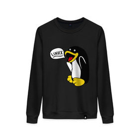 Женский свитшот хлопок с принтом Пингвин: Linux в городе Новоалтайск, 100% хлопок | прямой крой, круглый вырез, на манжетах и по низу широкая трикотажная резинка  | пингвин