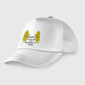 Детская кепка тракер с принтом keep calm I am Manchester City fan в городе Новоалтайск, Козырек - 100% хлопок. Кепка - 100% полиэстер, Задняя часть - сетка | универсальный размер, пластиковая застёжка | sport | болельщикам | манчестер сити | спорт | фанатам | футбол