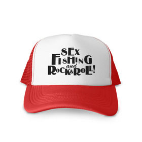 Кепка тракер с сеткой с принтом Sex fishing & rock`n`roll в городе Новоалтайск, трикотажное полотно; задняя часть — сетка | длинный козырек, универсальный размер, пластиковая застежка | для рыбака | рыбалка