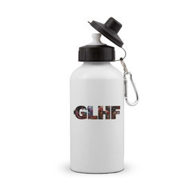 Бутылка спортивная с принтом GLHF полноцвет в городе Новоалтайск, металл | емкость — 500 мл, в комплекте две пластиковые крышки и карабин для крепления | Тематика изображения на принте: games | glhf | good luck  have fun | league of legends | leaguelegends | lol | t shirts | игры | лига легенд