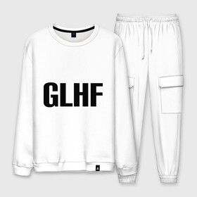 Мужской костюм хлопок с принтом GLHF в городе Новоалтайск, 100% хлопок | на свитшоте круглая горловина, мягкая резинка по низу. Брюки заужены к низу, на них два вида карманов: два “обычных” по бокам и два объемных, с клапанами, расположенные ниже линии бедра. Брюки с мягкой трикотажной резинкой на поясе и по низу штанин. В поясе для дополнительного комфорта — широкие завязки | games | glhf | good luck  have fun | league of legends | lol | лига легенд