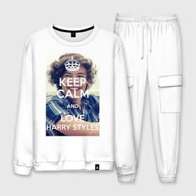 Мужской костюм хлопок с принтом Keep calm and love Harry Styles в городе Новоалтайск, 100% хлопок | на свитшоте круглая горловина, мягкая резинка по низу. Брюки заужены к низу, на них два вида карманов: два “обычных” по бокам и два объемных, с клапанами, расположенные ниже линии бедра. Брюки с мягкой трикотажной резинкой на поясе и по низу штанин. В поясе для дополнительного комфорта — широкие завязки | 1d | harry styles | keep calm | music | one direction | гарри стайлс