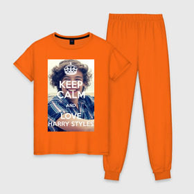 Женская пижама хлопок с принтом Keep calm and love Harry Styles в городе Новоалтайск, 100% хлопок | брюки и футболка прямого кроя, без карманов, на брюках мягкая резинка на поясе и по низу штанин | 1d | harry styles | keep calm | music | one direction | гарри стайлс