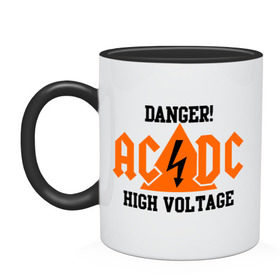 Кружка двухцветная с принтом ADCD high voltage в городе Новоалтайск, керамика | объем — 330 мл, диаметр — 80 мм. Цветная ручка и кайма сверху, в некоторых цветах — вся внутренняя часть | Тематика изображения на принте: acdc | rock | блюз рок | рок | рок группа | рок н ролл | хард рок | эйсидиси
