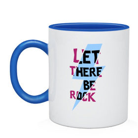 Кружка двухцветная с принтом Let there be rock в городе Новоалтайск, керамика | объем — 330 мл, диаметр — 80 мм. Цветная ручка и кайма сверху, в некоторых цветах — вся внутренняя часть | Тематика изображения на принте: acdc | rock | блюз рок | рок | рок группа | рок н ролл | хард рок | эйсидиси