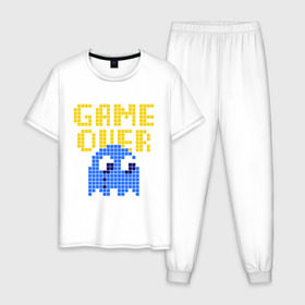 Мужская пижама хлопок с принтом game over в городе Новоалтайск, 100% хлопок | брюки и футболка прямого кроя, без карманов, на брюках мягкая резинка на поясе и по низу штанин
 | pacman | игра окончена | игры | пакман | пиксели | пикселы