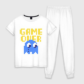 Женская пижама хлопок с принтом game over в городе Новоалтайск, 100% хлопок | брюки и футболка прямого кроя, без карманов, на брюках мягкая резинка на поясе и по низу штанин | pacman | игра окончена | игры | пакман | пиксели | пикселы