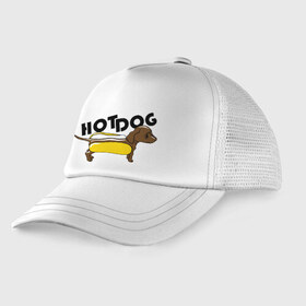 Детская кепка тракер с принтом Hot dog в городе Новоалтайск, Козырек - 100% хлопок. Кепка - 100% полиэстер, Задняя часть - сетка | универсальный размер, пластиковая застёжка | Тематика изображения на принте: hot dog | булка | собака | собачка | хот дог