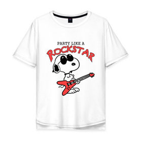 Мужская футболка хлопок Oversize с принтом Snoopy Rockstar в городе Новоалтайск, 100% хлопок | свободный крой, круглый ворот, “спинка” длиннее передней части | Тематика изображения на принте: гитара