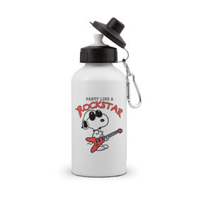 Бутылка спортивная с принтом Snoopy Rockstar в городе Новоалтайск, металл | емкость — 500 мл, в комплекте две пластиковые крышки и карабин для крепления | гитара