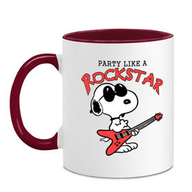Кружка двухцветная с принтом Snoopy Rockstar в городе Новоалтайск, керамика | объем — 330 мл, диаметр — 80 мм. Цветная ручка и кайма сверху, в некоторых цветах — вся внутренняя часть | гитара