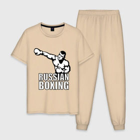 Мужская пижама хлопок с принтом Russian boxing (Русский бокс) в городе Новоалтайск, 100% хлопок | брюки и футболка прямого кроя, без карманов, на брюках мягкая резинка на поясе и по низу штанин
 | box | boxing | ring | russian boxing русский бокс | бокс | боксинг | ринг