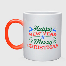 Кружка хамелеон с принтом Happy New Year and Merry Christmas в городе Новоалтайск, керамика | меняет цвет при нагревании, емкость 330 мл | Тематика изображения на принте: 2014 | happy new year and merry christmas | новый год 2014 | праздник | снег