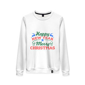 Женский свитшот хлопок с принтом Happy New Year and Merry Christmas в городе Новоалтайск, 100% хлопок | прямой крой, круглый вырез, на манжетах и по низу широкая трикотажная резинка  | 2014 | happy new year and merry christmas | новый год 2014 | праздник | снег
