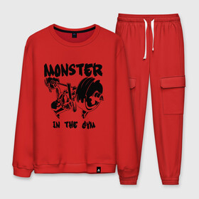 Мужской костюм хлопок с принтом Monster in the gym в городе Новоалтайск, 100% хлопок | на свитшоте круглая горловина, мягкая резинка по низу. Брюки заужены к низу, на них два вида карманов: два “обычных” по бокам и два объемных, с клапанами, расположенные ниже линии бедра. Брюки с мягкой трикотажной резинкой на поясе и по низу штанин. В поясе для дополнительного комфорта — широкие завязки | monster in the gym | силовой спорт | спорт