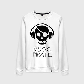 Женский свитшот хлопок с принтом Music pirate в городе Новоалтайск, 100% хлопок | прямой крой, круглый вырез, на манжетах и по низу широкая трикотажная резинка  | music pirate (светящаяся) | музыка | пиратская музыка | прикольные картинки | череп наушники | черепа