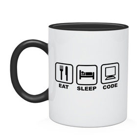 Кружка двухцветная с принтом Eat sleep code (Ешь, Спи, Программируй) в городе Новоалтайск, керамика | объем — 330 мл, диаметр — 80 мм. Цветная ручка и кайма сверху, в некоторых цветах — вся внутренняя часть | eat sleep code | вилка | есть | ешь | компьютер | кровать | программируй | сон | спи