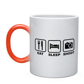 Кружка хамелеон с принтом Eat Sleep Shoot (Ешь, Спи, Фотографируй) в городе Новоалтайск, керамика | меняет цвет при нагревании, емкость 330 мл | eat sleep shoot | вилка | ешь | кровать | снимок | сон | спи | фотоаппарат | фотографируй
