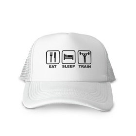 Кепка тракер с сеткой с принтом Eat Sleep Train (Ешь, Спи, Тренируйся) в городе Новоалтайск, трикотажное полотно; задняя часть — сетка | длинный козырек, универсальный размер, пластиковая застежка | eat sleep train | ешь | силовой спорт | спи | спорт | тренируйся