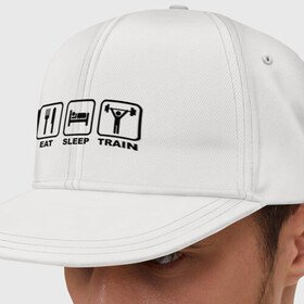 Кепка снепбек с прямым козырьком с принтом Eat Sleep Train (Ешь, Спи, Тренируйся) в городе Новоалтайск, хлопок 100% |  | eat sleep train | ешь | силовой спорт | спи | спорт | тренируйся